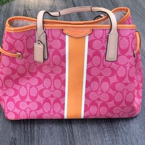 Coach Signature Stripe Pink & Orange Monogram Carryall Canvas & Leather